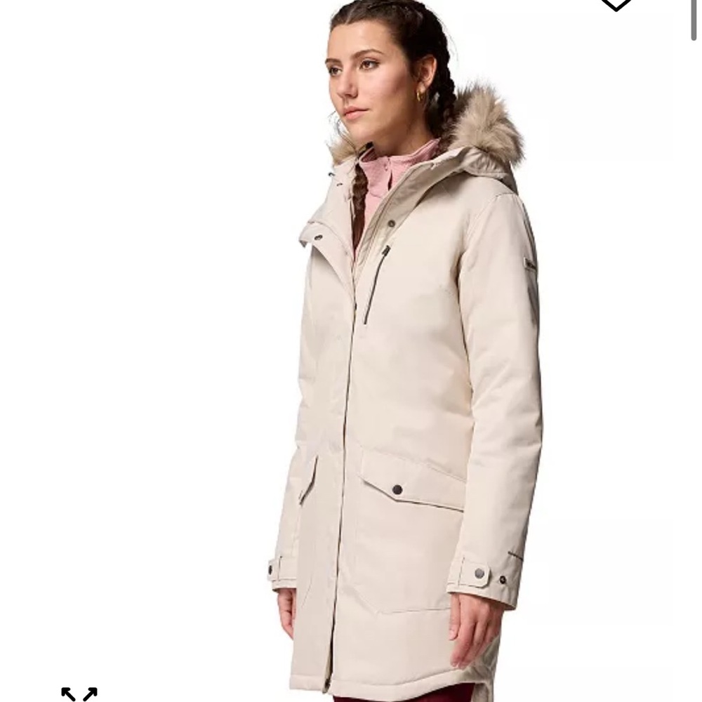 Columbia Women's Light Cream Hooded Ski Parka with Faux-Fur Trim